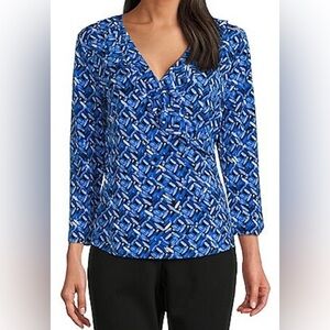 NEW Womens Size L Slim Factor Investments Blue GeoPrint Faux Wrap Blouse Top $49